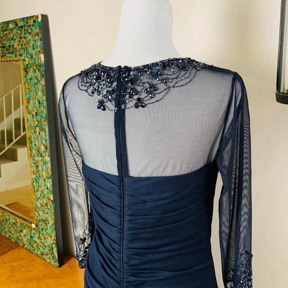 Patra Size 10 Illusion Jeweled Neck Draped Gown Dress Navy Blue Wedding Cocktail - Picture 11 of 14